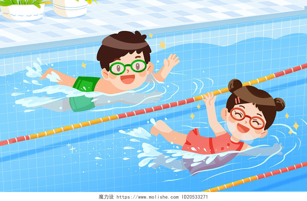 蓝色儿童游泳比赛插画卡通夏天夏日立夏夏季游泳插画